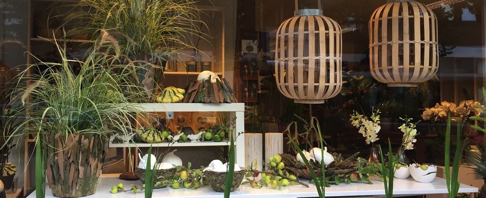 Schaufenster von Floralis Wiedenbrück mit floraler Naturdekoration